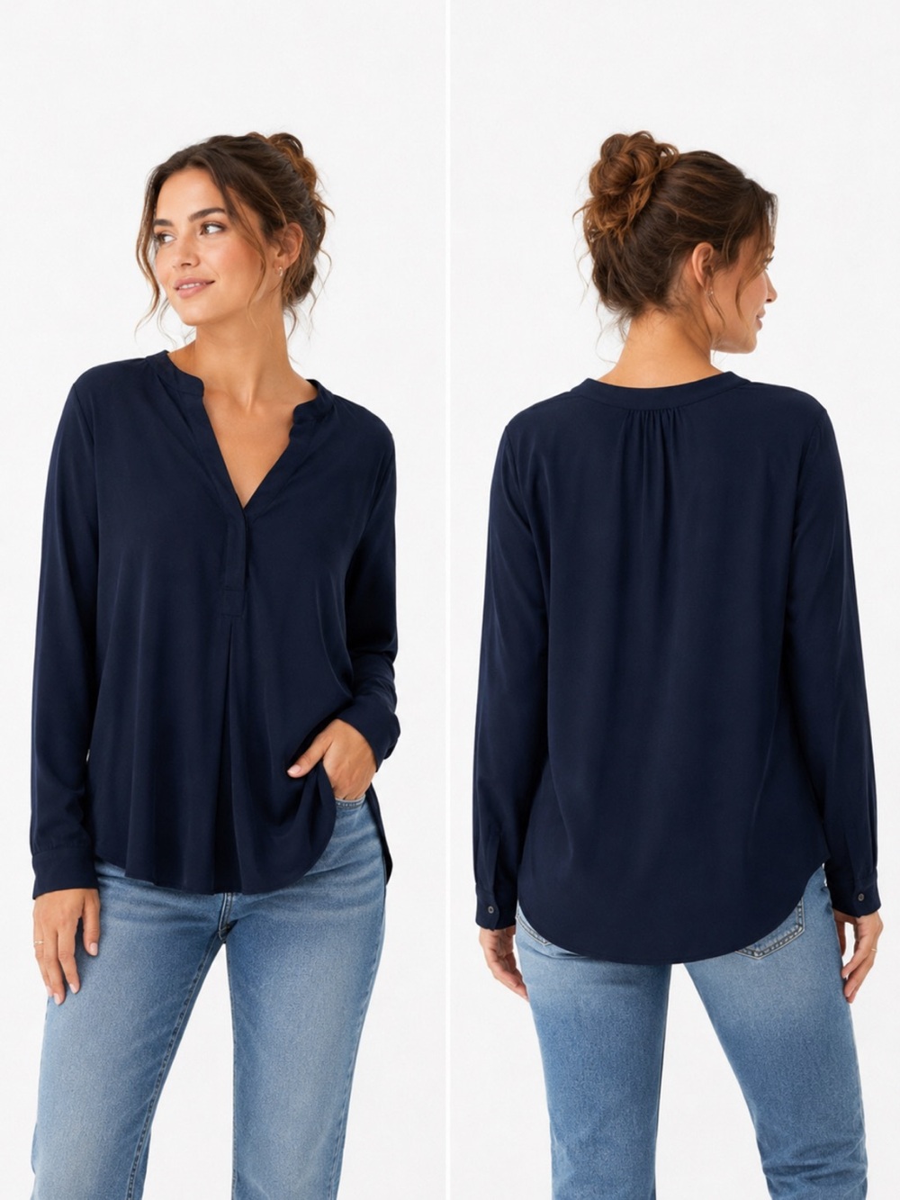The Limited Navy Blue V-Neck Blouse Long Sleeve Career Top Women Large